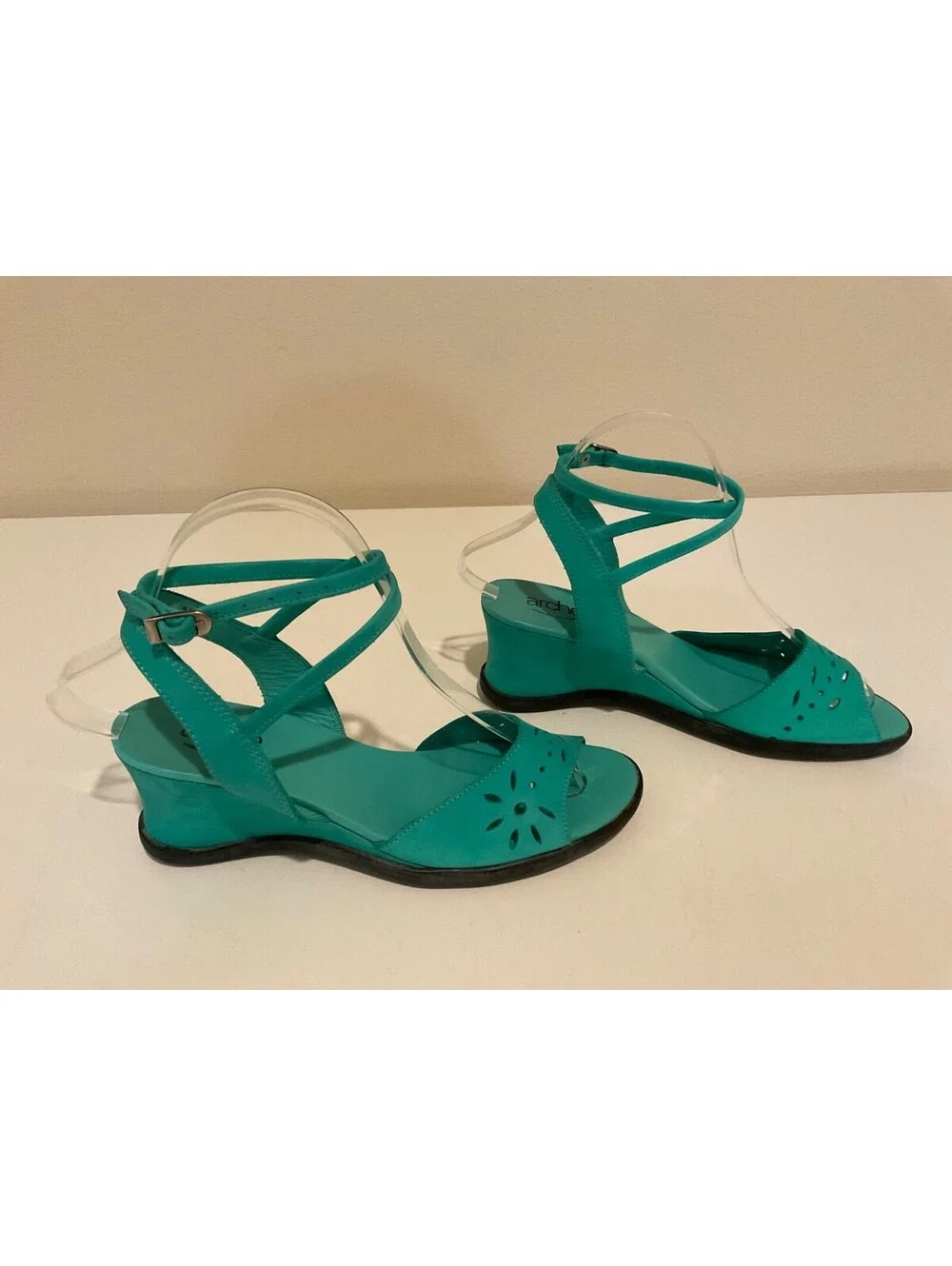 Arche France Turquoise Nubuck Leather Laser Cut Wedge Strappy Sandals EUR38 US7
